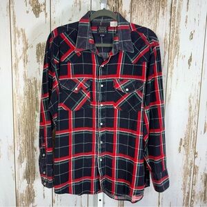 Rock Creek Ranch, Vintage Flannel Plaid Pearl Snap Shirt. Size XL.
